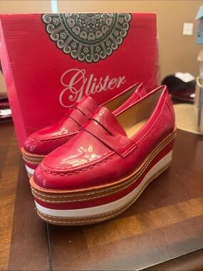 Glister Joy-01 Burgundy Patent Platform Wedge Penny Loafers size 7.5